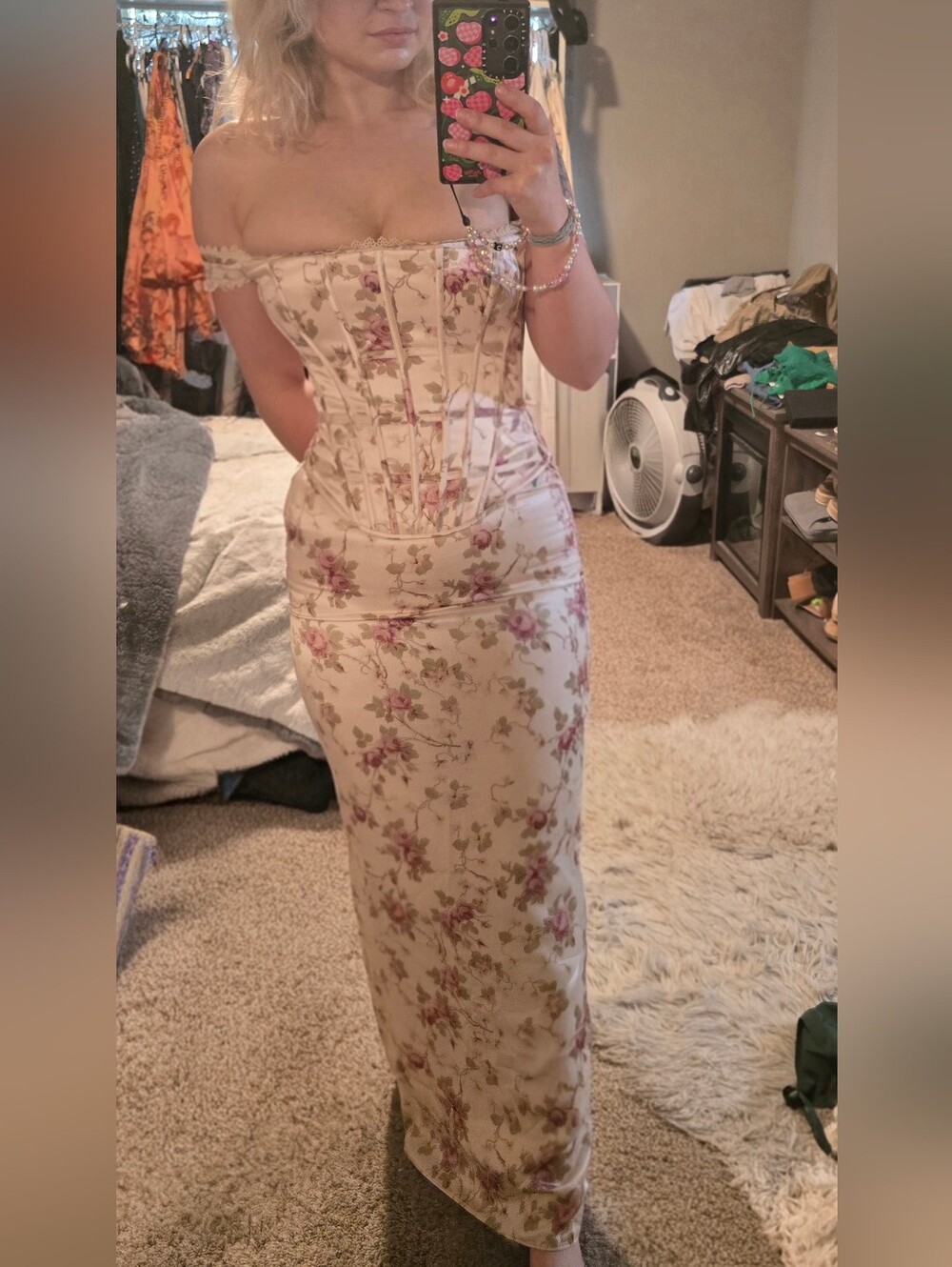 NWOT House Of CB Isis Off-Shoulder Floral Maxi Dress White Pink Corset S Satin - Picture 6 of 13